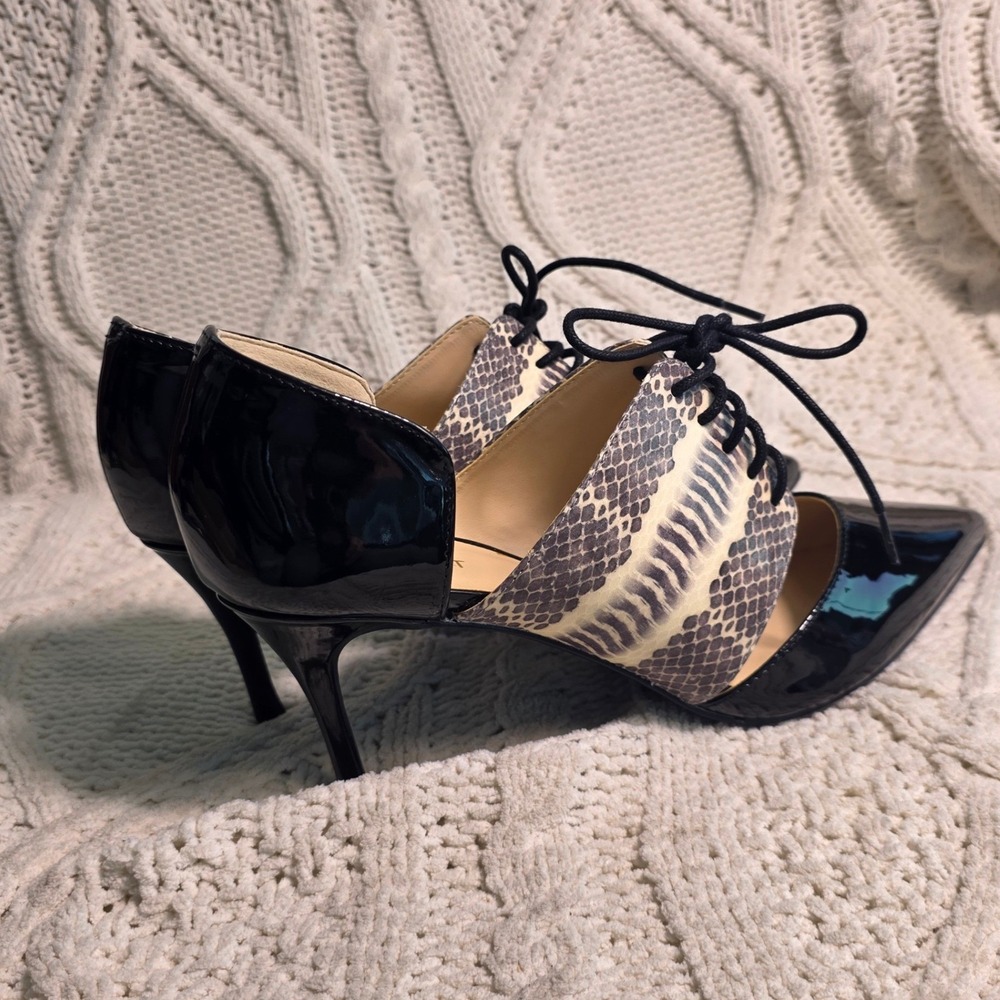 Nine West Marnieo Pumps Black Snakeskin Lace Up Stiletto Heels Womens 10 NEW - Picture 4 of 7